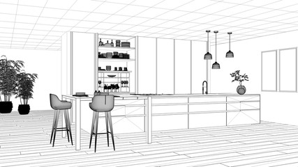 Blueprint project draft, minimalist kitchen, island, table, stools and open cabinet with accessories, window, bamboo, hydroponic vases, parquet , interior design concept idea