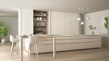 Naklejka na ściany i meble White minimalist kitchen in eco friendly apartment, island, table, stools and open cabinet with accessories, big window, bamboo and hydroponic vases, parquet , interior design idea