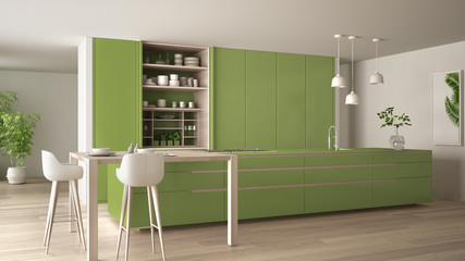 White and green minimalist kitchen in eco friendly apartment, island, table, stools and open cabinet with accessories, window, bamboo, hydroponic vases, parquet , interior design idea