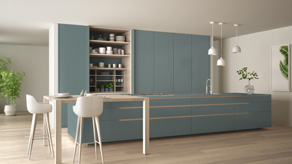 White and blue minimalist kitchen in eco friendly apartment, island, table, stools and open cabinet with accessories, window, bamboo, hydroponic vases, parquet , interior design idea