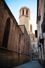 Bell tower old buildings in Gothic Quarter in Barcelona