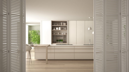 Fototapeta na wymiar White folding door opening on modern white kitchen with wooden details and parquet floor, white interior design, architect designer concept, blur background