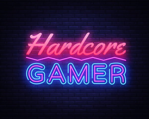 Hardcore Gamer Neon Text Vector. Gaming neon sign, design template, modern trend design, night signboard, night bright advertising, light banner, light art. Vector illustration