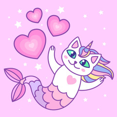 Cupid cat mermaid holding a heart cute cartoon hand drawn for valentines day with pink background,much love