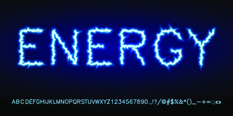 light blue neon electric lightning font set