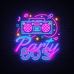 80s Party Neon Sign Vector. Back to the 80's neon design template, modern trend design, night signboard, night bright advertising, light banner, light art. Vector illustration
