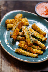 Zucchini fries with roast pepper and tomato sauce