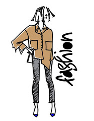Fashion model in shirt and trousers. Colored sketch and hand lettering