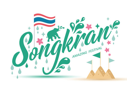 Songkran Festival in Thailand of April, lettering logo with songkran icon set. Vector illustration