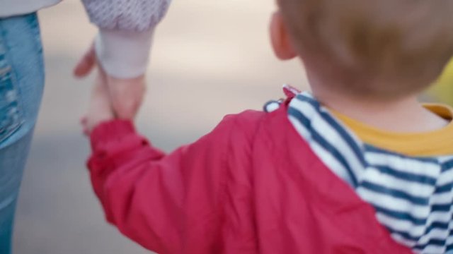 Close Up Shot on Parent and Child Hands: Mother is Leading Blond 4 year old Little Son Boy by Hand in the Park. Back View on Mom and Son Walking