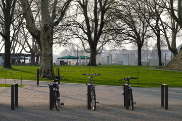 Fahrradständer in den Rheinanlagen Koblenz Nähe Deutsches Eck und Biergarten - Stockfoto