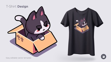 Funny cat sitting in cardboard box. Print on T-shirts, sweatshirts, cases for mobile phones, souvenirs. Vector illustration