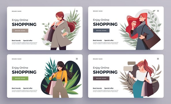 Online shopping landing page or banner templates. Girls with shopping, packages. Flat Happy Female Characters with Shopping Bags. Vector Illustration