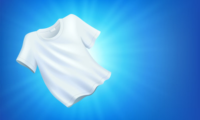 Bright white clean clothes, laundry on blue background