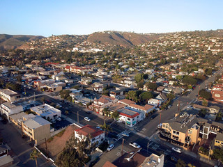 Aerial view Laguna Hills, Orange County, California, beach sea front before sunset time.