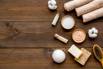 Eco-friendly cosmetics and zero waste set for spa on wooden background top view mockup