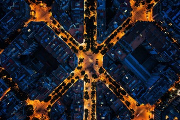 Barcelona street night aerial View