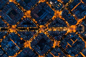 Barcelona street night aerial View - obrazy, fototapety, plakaty