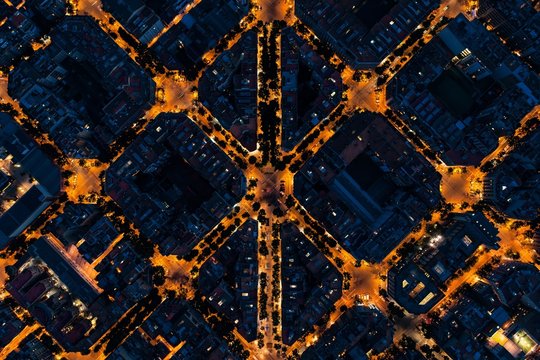 Barcelona Street Night Aerial View