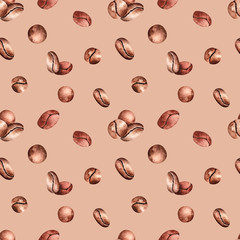 Seamless watercolor pattern with coffee beans on the colored background , watercolor painting. Illustration for fabrics, posters, postcards, packaging paper, cafes