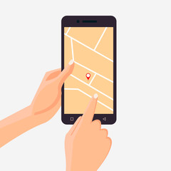 Hand holding mobile phone with map and marker. Navigation app with map on smartphone. Tracking system. Flat vector cartoon illustration