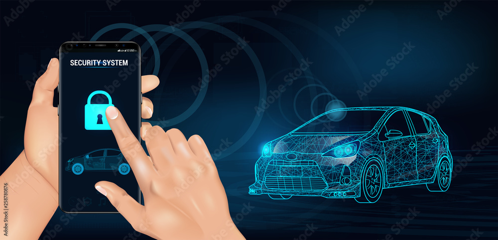 Poster Smart car security system icon in futuristic style. The smartphone controls the car security on the wireless and shows the owner a level of protection of the car. Auto alarm concept. Vector