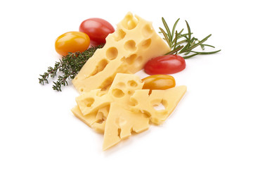 Block of cheese with slices, close-up, isolated on white background
