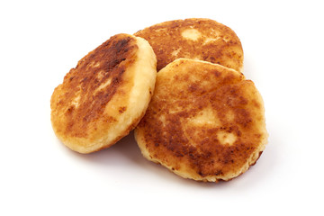 Gourmet Breakfast - Cottage cheese pancakes, close-up, isolated on white background