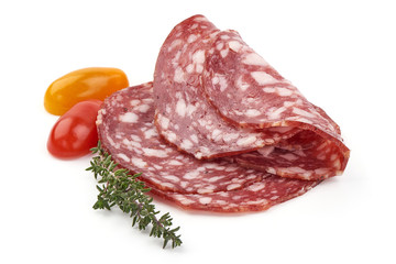 Sliced Smoked sausage or salami, dried meat, close-up, isolated on white background