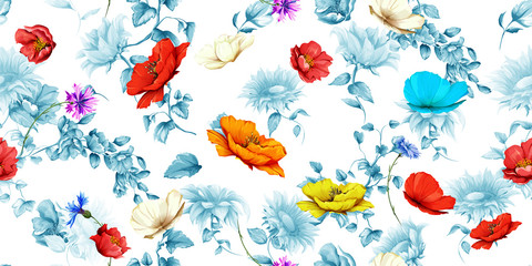 Tender wide vintage seamless background pattern. Poppy with cornflower, pomegranate and leaf. Abstract, hand drawn, vector - stock. 