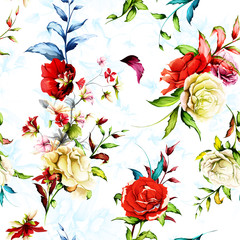 Seamless background pattern. Flowers. Rose with leaves on white. Hand drawn, vector - stock.