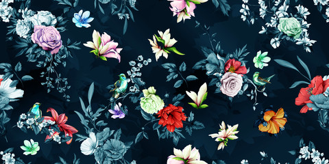 Wide vintage seamless background pattern. Rose, wild rosemary, poppy with nightingale and leaf. Abstract, hand drawn, vector - stock.