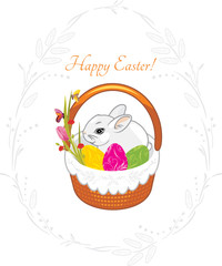 Spring wreath with Easter basket and cute rabbit. Vintage design for Easter card