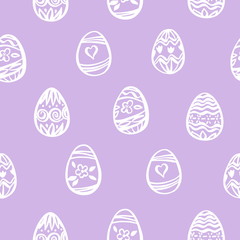 Happy Easter day seamless background. Vector white ornamental doodle eggs. Decorative hand drawn pattern, cartoon style