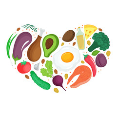 Keto foods: vegetables, nuts, meat, fish. Heart shaped banner. Ketogenic nutrition.