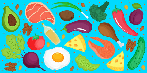 Keto diet. Ketogenic low carb and protein, high fat. Horizontal banner of fresh vegetables, fish, cheese, egg.