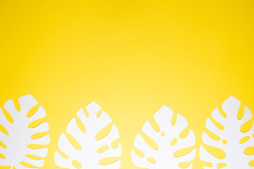 Tropical leaf pattern. Various paper leaves on a pastel background. art. Flat lay, top view. Background on yellow background. Lent background, summer mood