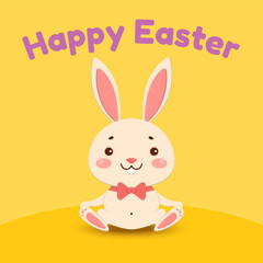 A cute cartoon bunny in a red bow tie is sitting and smiling. Isolated on yellow background.