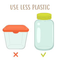 Use less plactic - plastic box vs glass jar. Eco friendly vector flat illustration