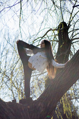 Bottom view charming cute slim girl gymnast is on top of unusual tree without leaves and executes...