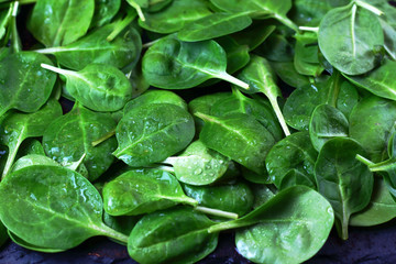 Background texture vegetable spinach leaves with dew water drops