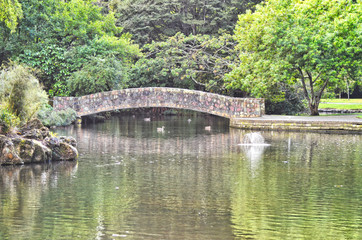 Fototapeta na wymiar Rock Bridge Between Trees over Duck Pond with Reflection and Fountain