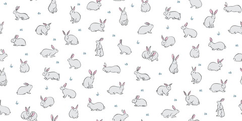 Fototapeta na wymiar Bunny pets seamless background. Vector cute rabbits on white background. Decorative hand drawn childish pattern, cartoon style