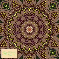 The inscription - summer time - blue letters on a beige rectangle. Brown background, yellow patterns. Mandala - the middle of the flower, a fractal with floral patterns.