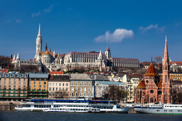 View of the Buda bank of the Danube river at Budapest city in a beautiful early spring day