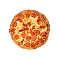Pizza with salami isolated on white background. Pizza pepperoni, top view