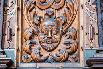 Bernardine church interior. Sacristy. Closeup of  Wood Carvings