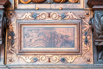 Bernardine church interior. Sacristy. Closeup of  Wood Carvings