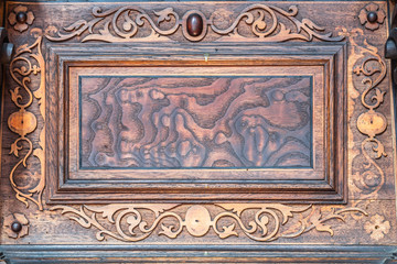 Bernardine church interior. Sacristy. Closeup of  Wood Carvings