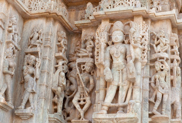 Bas-relief at famous ancient Ranakpur Jain temple in Rajasthan, India